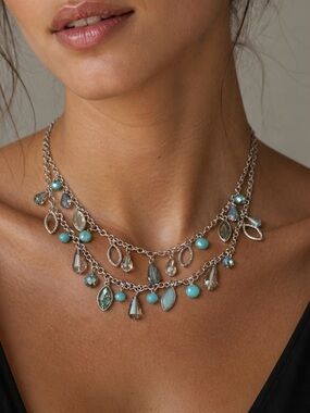 Simply Vera Wang Layered Crystal Drop Necklace Teal Silver Boho
